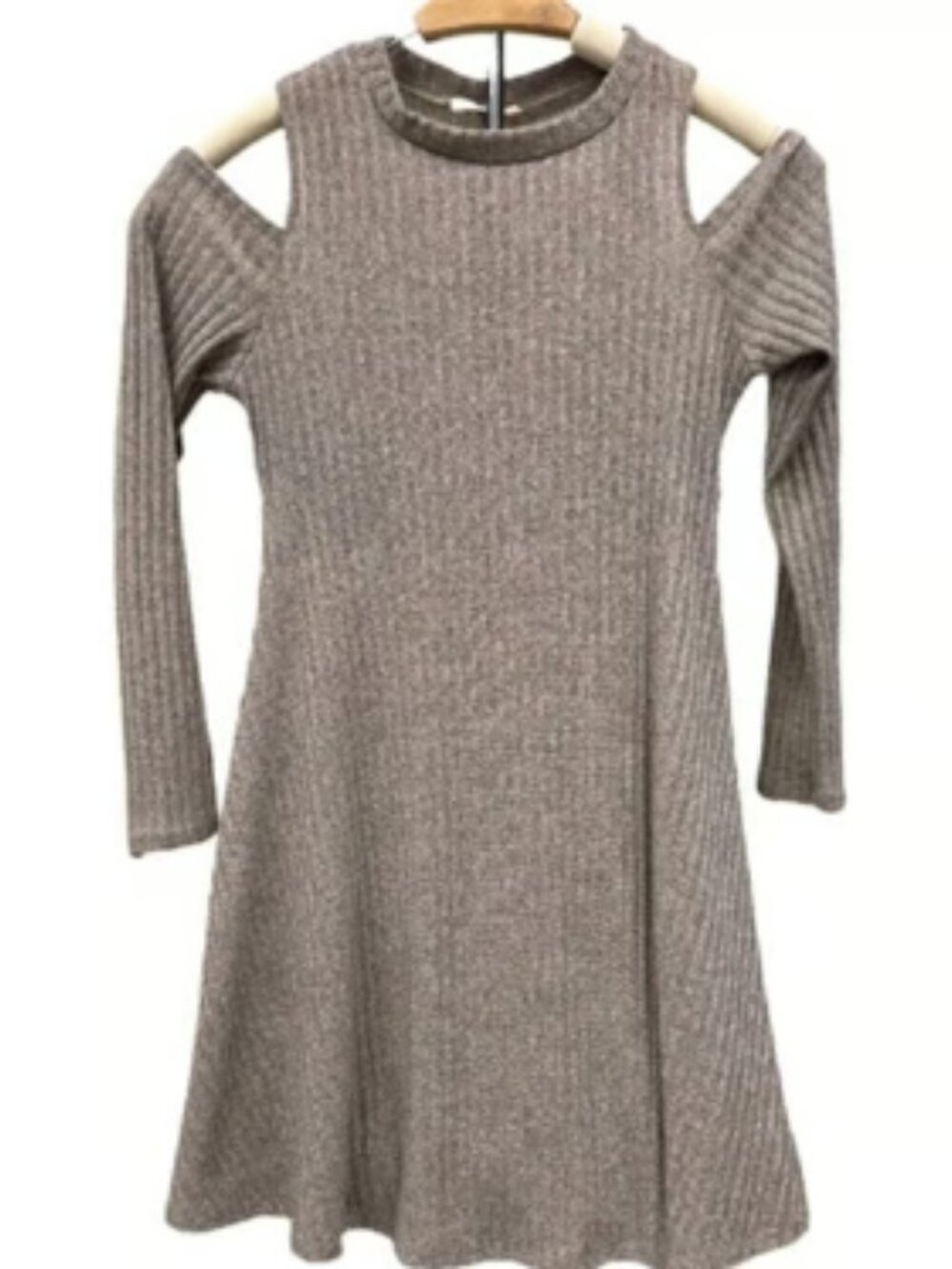 Pinc Gray Cold Shoulder Long Sleeve Dress Ribbed Knit Stretch Mini Medium